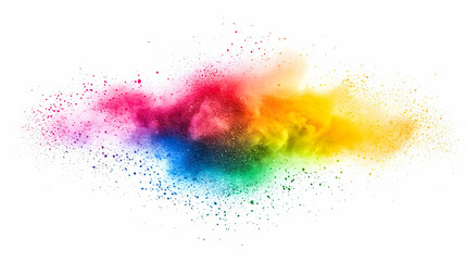 Fototapeta premium Abstract Rainbow Powder Explosion on a White Background, a Colorful Burst of Fine Particles in Motion, Dynamic and Vivid Artistic Representation of Color