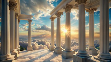 Fototapeta premium Ethereal 3D rendered landscape features majestic classical columns ascending into a soft, whimsical pastel sky with puffy white clouds and a serene atmosphere.