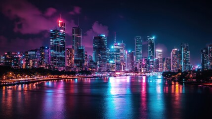 Fototapeta premium A vibrant city skyline illuminated at night, reflecting on a calm water surface.