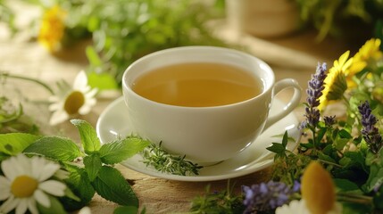 Herbal tea cup with various fresh herbs placed around it, offering a healthy and calming tea-drinking experience.