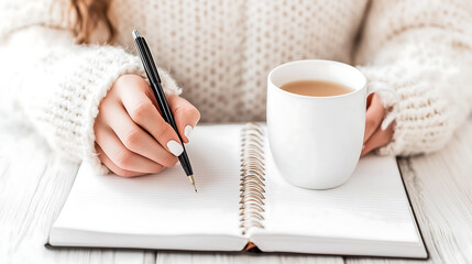 A Calm Morning in a Minimalist Room: Embracing Creativity with Coffee and Notes on a White Table