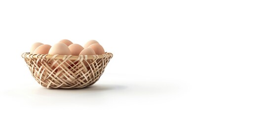 Fresh chicken eggs stacked in a bamboo wicker basket isolated on a white background with space for text Ideal for food and nutrition ads. with copyspace image