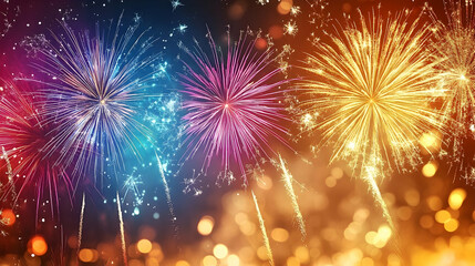 Fototapeta premium Colorful Fireworks Exploding in the Night Sky, Creating a Festive Atmosphere with Sparkles and Bokeh Lights