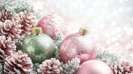Luxurious pink and green Christmas decorations featuring sparkling baubles and frosted pine cones, with space for text.