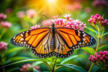 Vibrant orange and black monarch butterfly perches on delicate pink flower petals, its intricate wings spread wide, amidst lush green foliage and soft natural light.