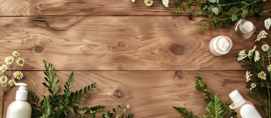 Top view of herbal hair care products displayed on a wooden surface with copy space image