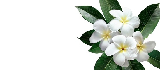 White plumeria flower plant on isolated white background with copy space image