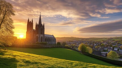 Majestic view of Downpatrick's Cathedral Church, Northern Ireland, with its grand Gothic architecture and serene surroundings.