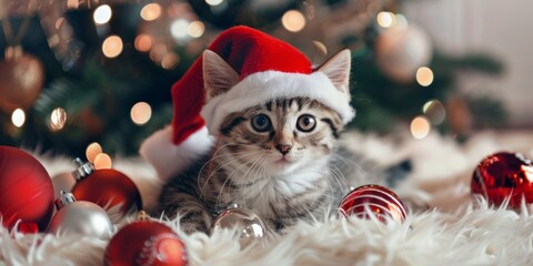 Obraz premium Witness a lovely scene of a cute kitten in a Santa hat, joyfully celebrating Christmas amidst cozy festive decorations, radiating charm, cheer, and holiday joy in the warm seasonal setting