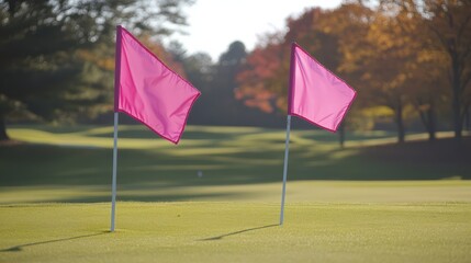 Beautiful Golf Course Featuring Pink Flags to Promote Breast Cancer Awareness and Support Charity Events