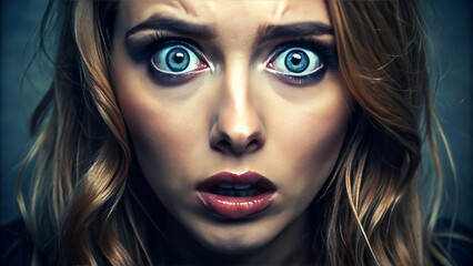 The model's eyes are open wide with terror, fixed on some unseen horror, as if frozen in a