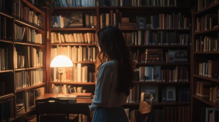 A woman stands in a cozy library, illuminated by a warm lamp among shelves of books.