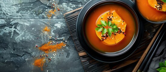 A Japanese dish featuring pumpkin seasoned with flavorful soup stock and spice displayed in a photo with ample copy space image