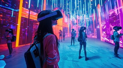 Obraz premium Captivating Mixed Reality Gaming Event in Vibrant Cyberpunk Inspired City Nightscape