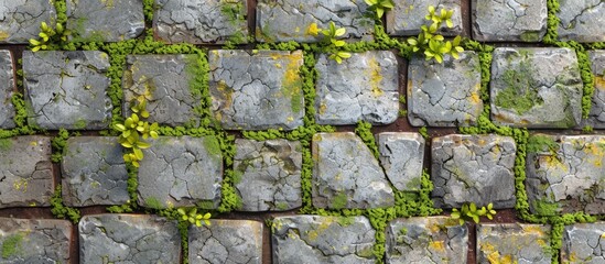Obraz premium Detailed shot of a gray and yellow bricked walkway with verdant moss between the stones ideal for text placement framing the image. with copyspace image