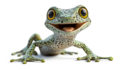A cartoon frog with a big smile on its face. The frog is waving its arms and legs, and its tongue is sticking out. The image has a happy and playful mood
