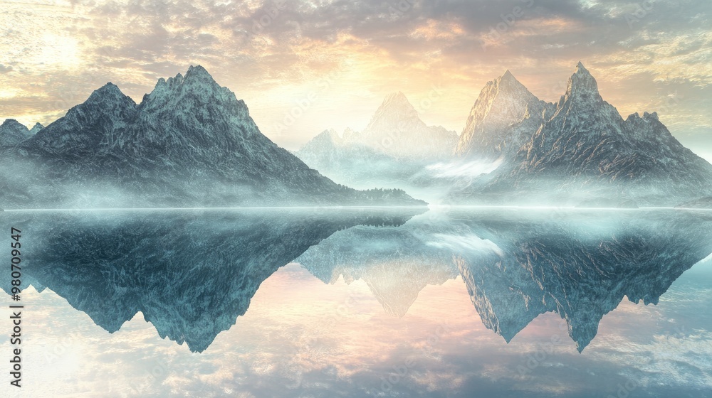 Wall mural reflective fantasy landscape with mountains and tranquil waters, creating a serene and spiritual 3d 