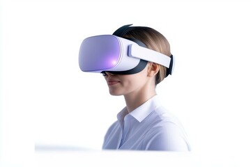 A focused individual experiences virtual reality with sleek VR headset, exploring immersive digital worlds in a modern setting.