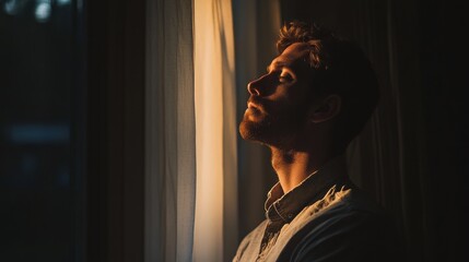 A contemplative man gazes out a window, illuminated by soft light.