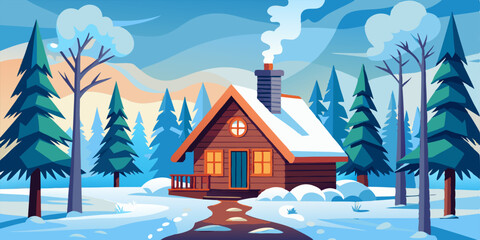 Naklejka premium A charming winter cabin nestled in a snowy forest, with tall pine trees and a path leading to the cozy wooden door. Perfect for creating a warm and inviting atmosphere in your designs.
