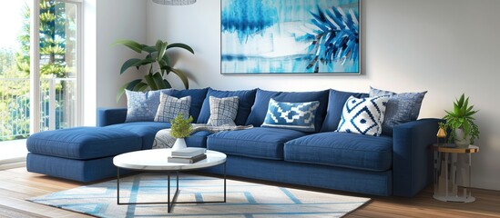 Contemporary blue sectional sofa with geometric accent pillows in living room with copy space image