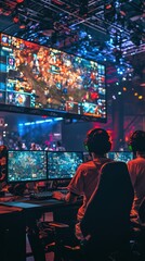Obraz premium Cutting Edge Esports Tournament with Vibrant Neon Lights and High Tech Gaming Setup