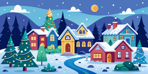 Fototapeta premium A charming winter scene of a snowy village with decorated Christmas trees, cozy houses, and a winding river.