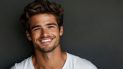 Obraz premium Handsome Young Man Giving a Warm Smile Against a Bright Urban Background for Various Uses