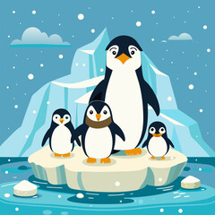 A family of penguins enjoying a snowy day on an iceberg. This cute and heartwarming illustration is perfect for children's books, winter-themed projects.