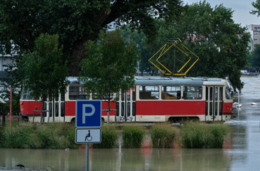 Tram parked in a flood - public transport on the river Danube