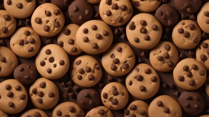 Obraz premium Chocolate chip cookies with melting chocolate, top shot on brown paper. Neural network ai generated art