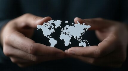 A person's hands holding a minimalist world map, symbolizing care for the planet and global connectivity.