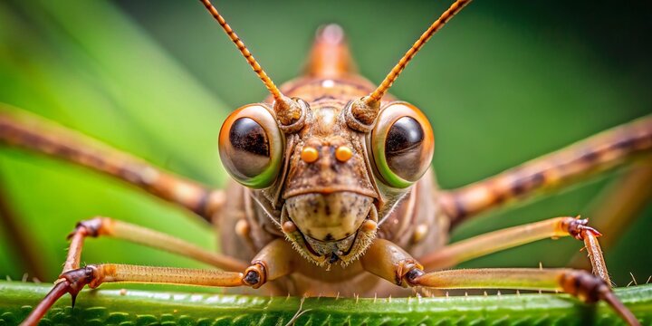 The stick bug's face is a masterpiece of camouflage, with two giant eyes and slender antennae that seem