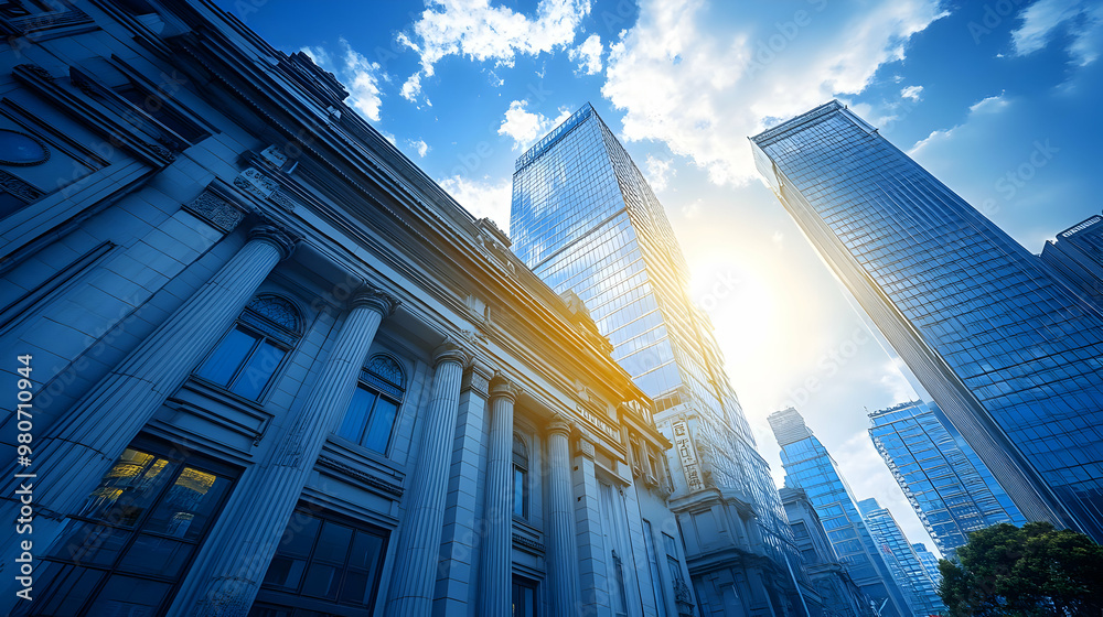 Wall mural a low angle view of a city skyline with tall buildings and blue sky, the sun shining brightly behind