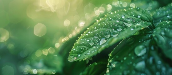 Dew droplets adhere to a leaf surface creating an image with copy space