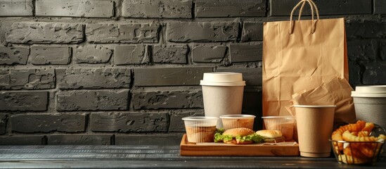 Food takeout containers and a paper bag displayed on a brick background with copy space image