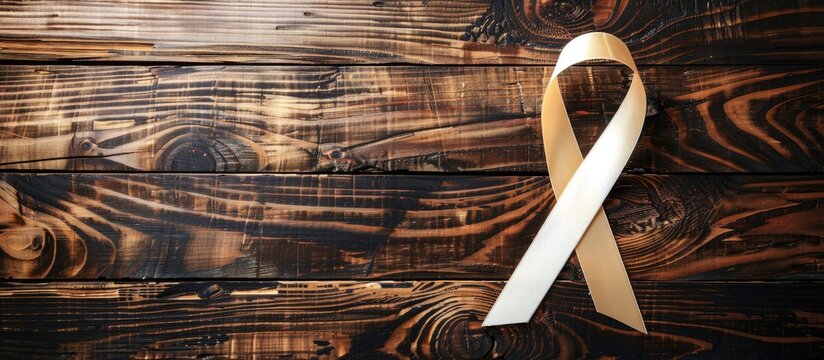 Wooden table top with a ribbon representing support for International Psoriasis Day with available copy space image - Powered by Adobe