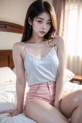 a woman in a white top sits on a bed.