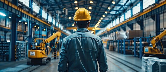 Image showcasing a project manager in a modern industrial factory with robotics robotic arms and automation along with a warehouse storing products and materials providing ample copy space