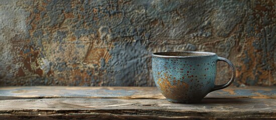 A pottery cup crafted by hand displayed on a rustic wooden surface with plenty of copy space in the image