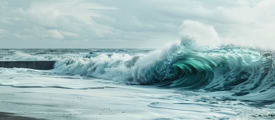Fototapeta premium A tidal wave crashes onto the beach near a breakwater creating a turbulent water surface with ample copy space image