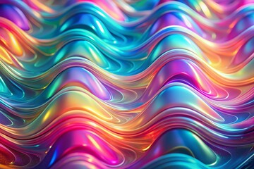 Obraz premium Vibrant pastel color waves undulate across a mesmerizing holographic neon background, creating a hypnotic and surreal psychedelic abstract design for a mesmerizing visual experience.