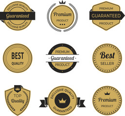 Vector illustration set of high quality label and badge in minimalist gold and black color. Includes premium, certified designs for seal and stamp. Perfect for trusted, genuine, and approved branding.