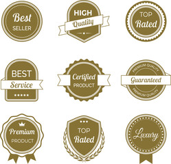 Vector illustration set of high quality labels and badges in minimalist gold color. Includes premium, certified designs for seals and stamps. Ideal to signify best standards and guaranteed quality.