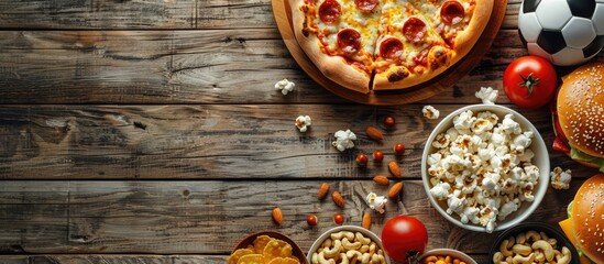 View from above of a spread of game time snacks like pizza burger popcorn nuts and a soccer ball on a wooden surface with space for text or images. with copyspace image