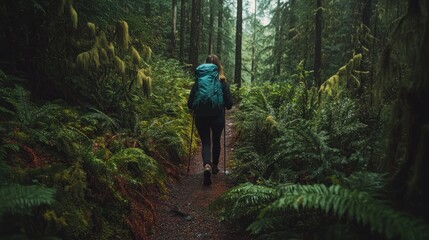 Obraz premium A person hiking through a lush, green forest path surrounded by dense vegetation.