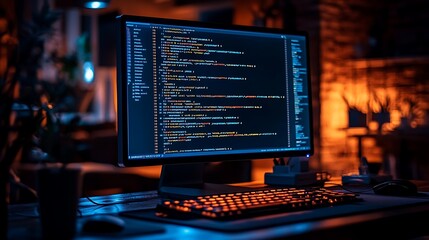 A quiet, dark office at night, the only light coming from a glowing screen filled with lines of code, soft shadows from office furniture, reflections on the keyboard and desk,