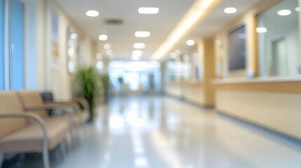 Abstract Blurred Background of a Hospital Hallway with Seating and a Counter