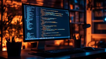 A quiet, empty office at night, the glow of a monitor filled with code casting soft reflections on the desk, deep shadows filling the room,