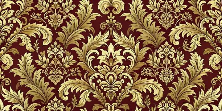 Intricate seamless damask pattern featuring swirling elements, ornate decorations, and stylized leaf motifs in a repeating design, perfect for wallpaper, fabric, or packaging applications.
